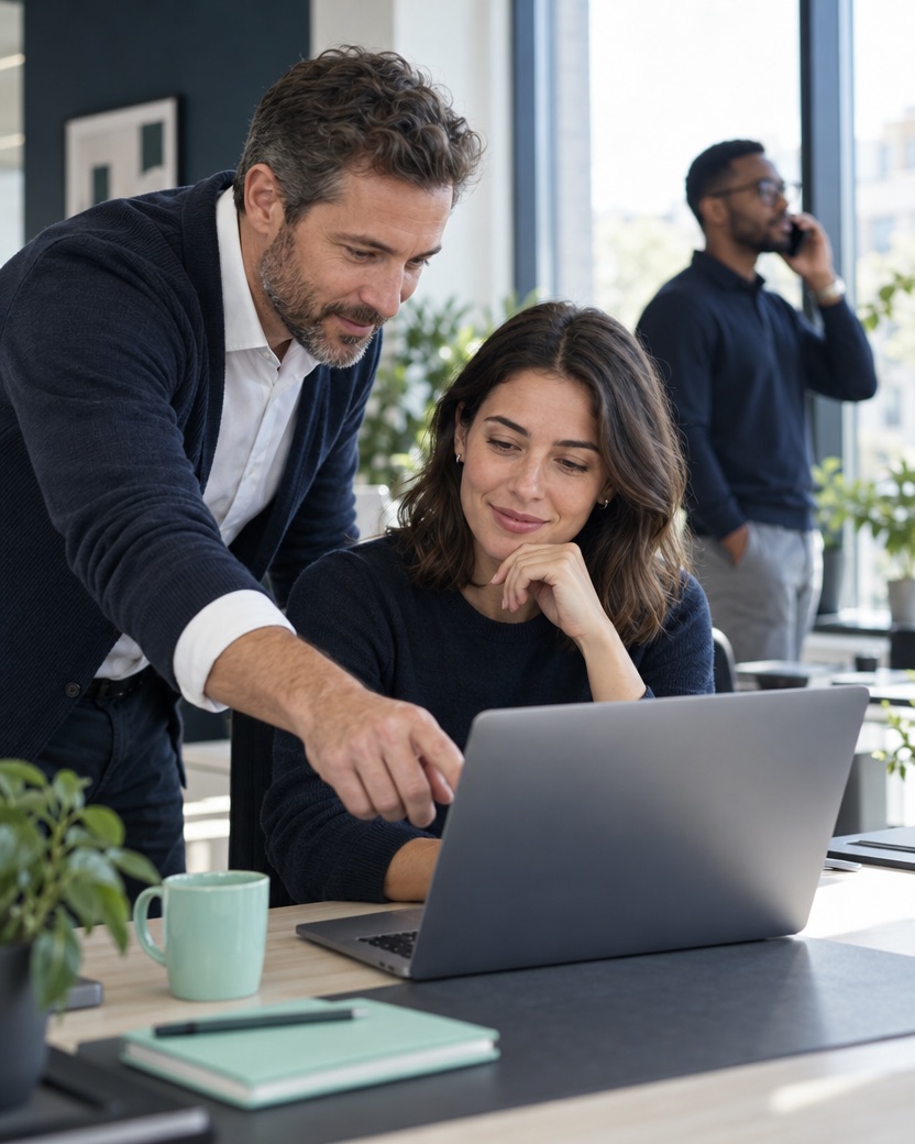 A colleague points something out on a laptop while a teammate looks on, in a bright office