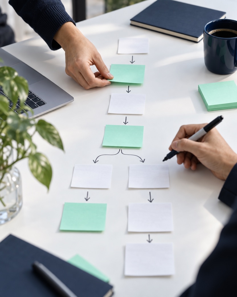 A workflow mapped out step by step in sticky notes on a table during a discovery session