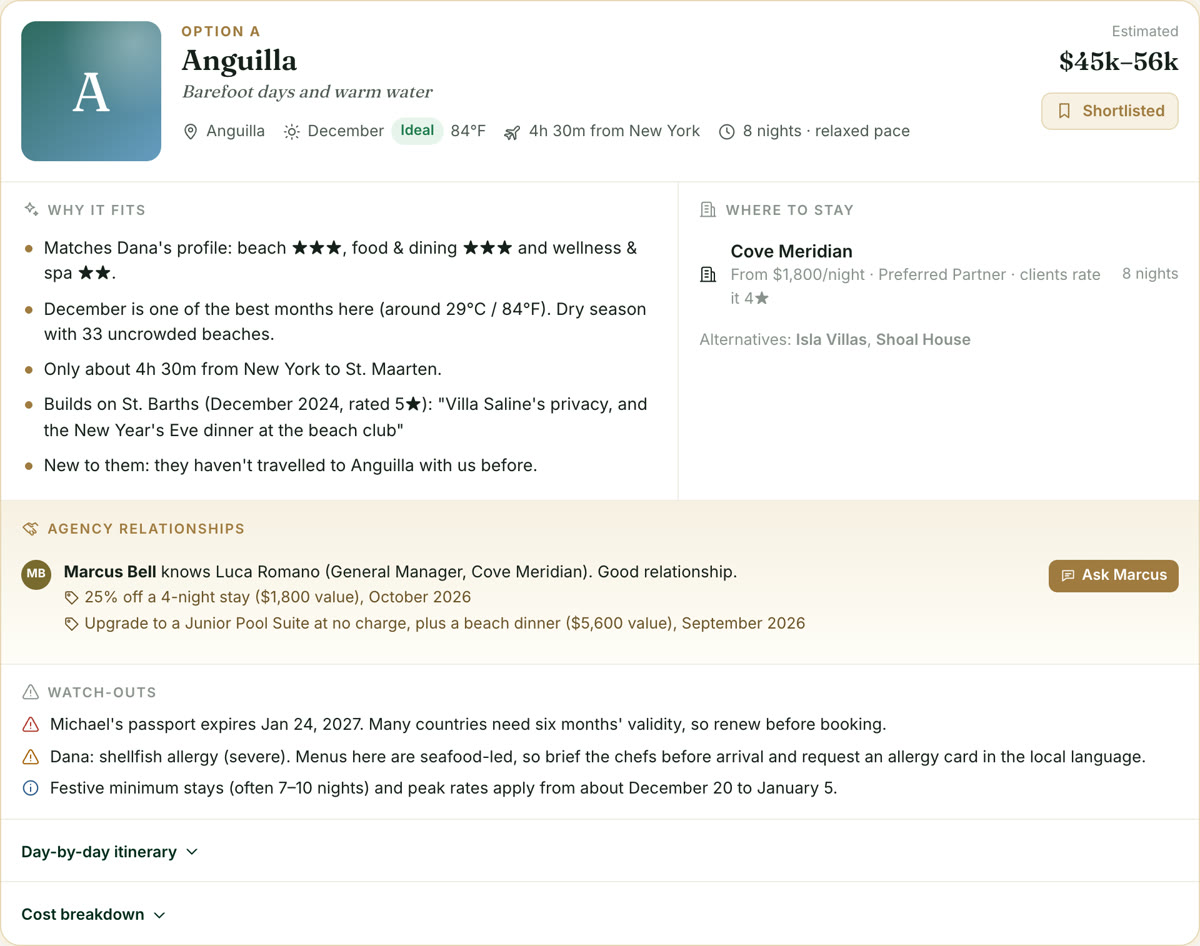 An itinerary option in Portelle explaining why it fits the client