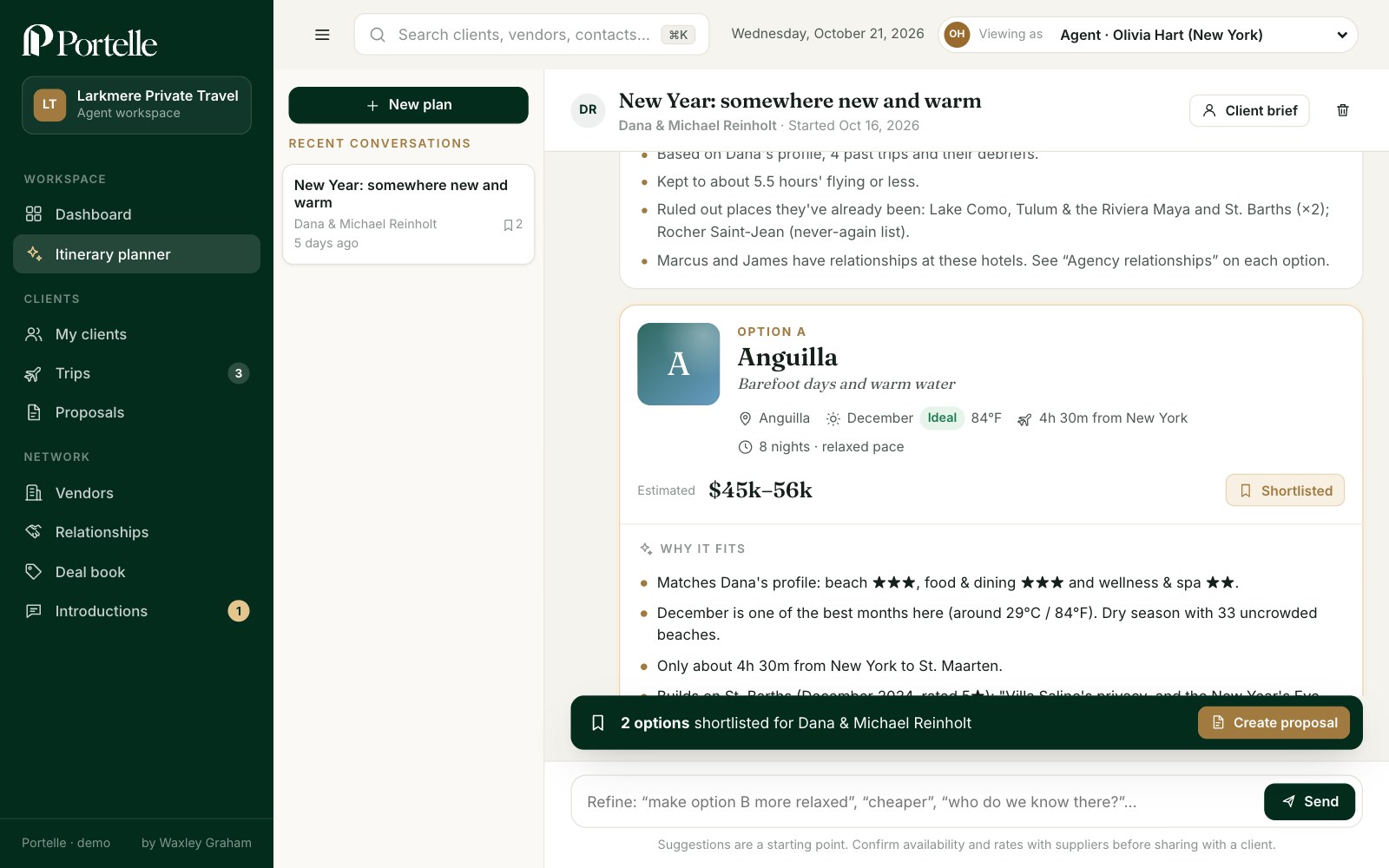 The Portelle itinerary planner with tailored options