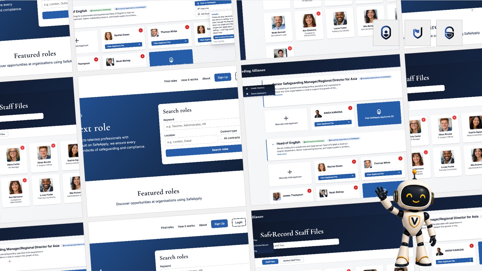 Screens from the Safer Recruitment Suite: SafeApply job listings, applicant files, and SafeRecord staff files