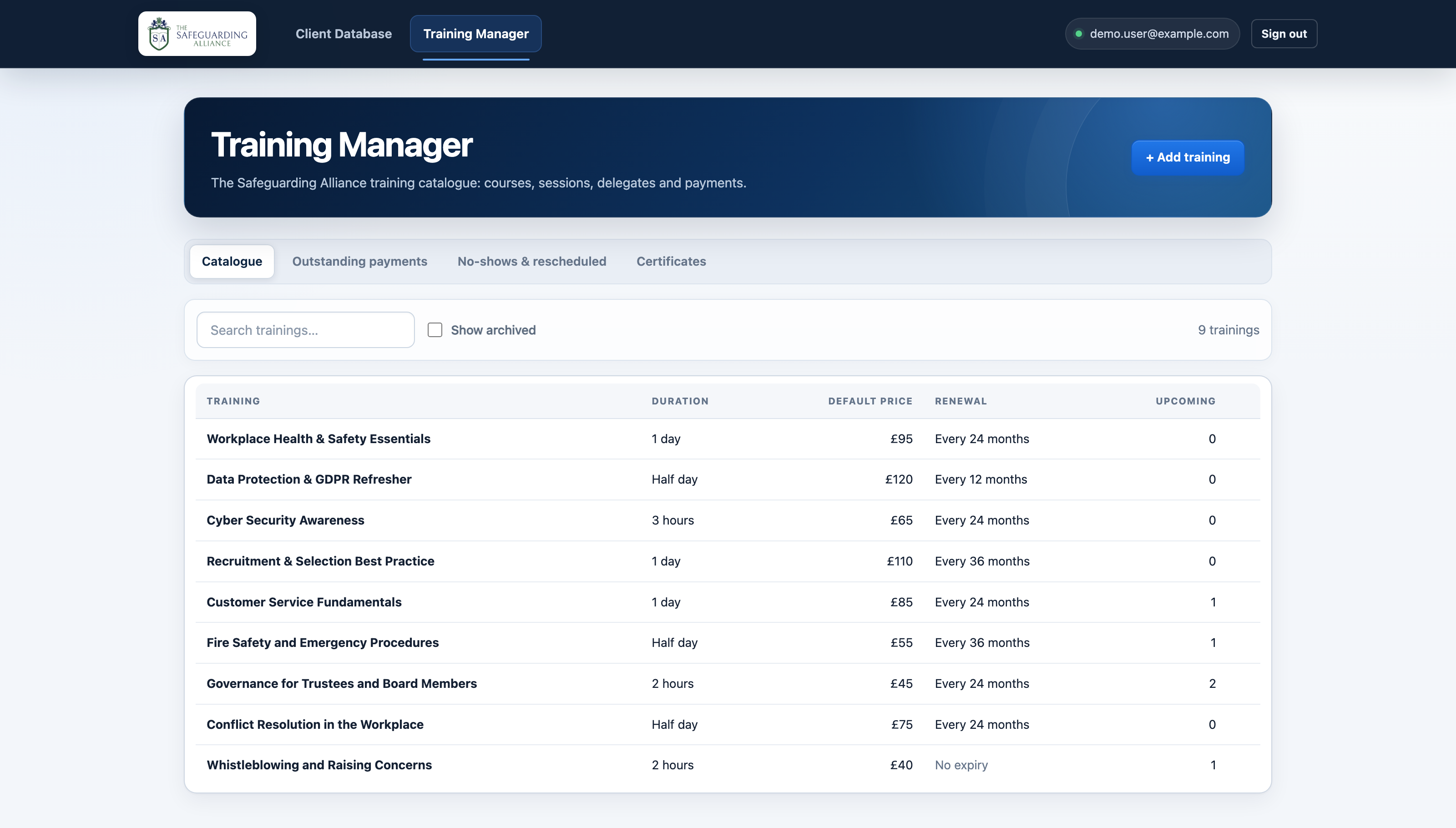 The Safeguarding Alliance's internal Training Manager tool, showing the course catalogue with duration, price, renewal cycle, and upcoming sessions