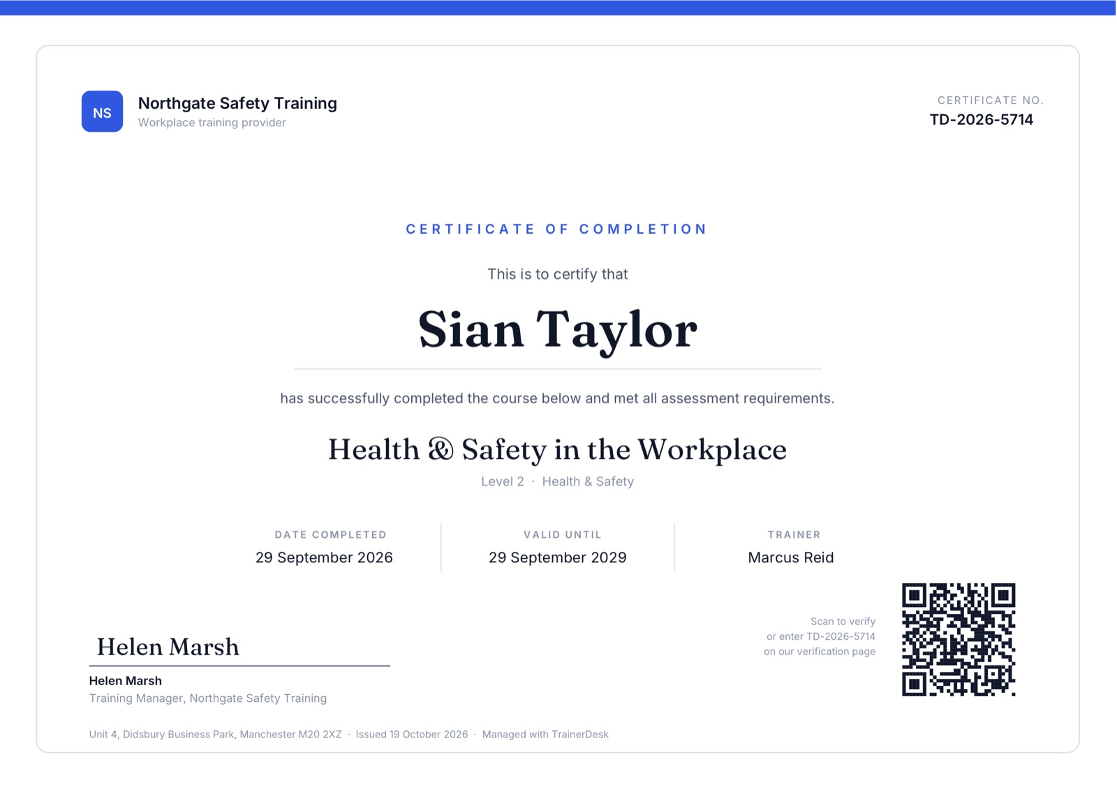 A TrainerDesk certificate with a QR code