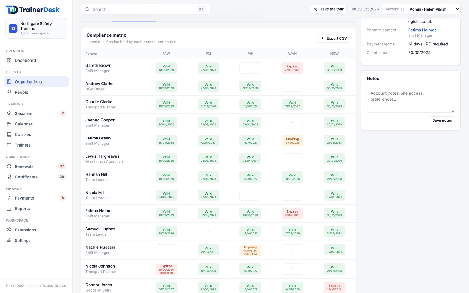 Clients and compliance in TrainerDesk