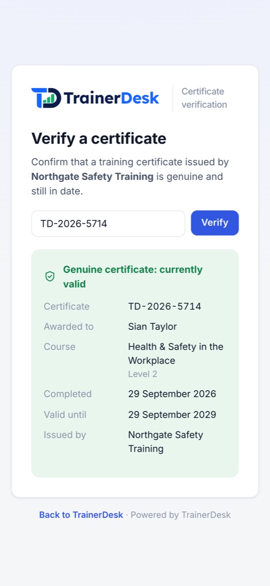 The verification page confirming the certificate is genuine