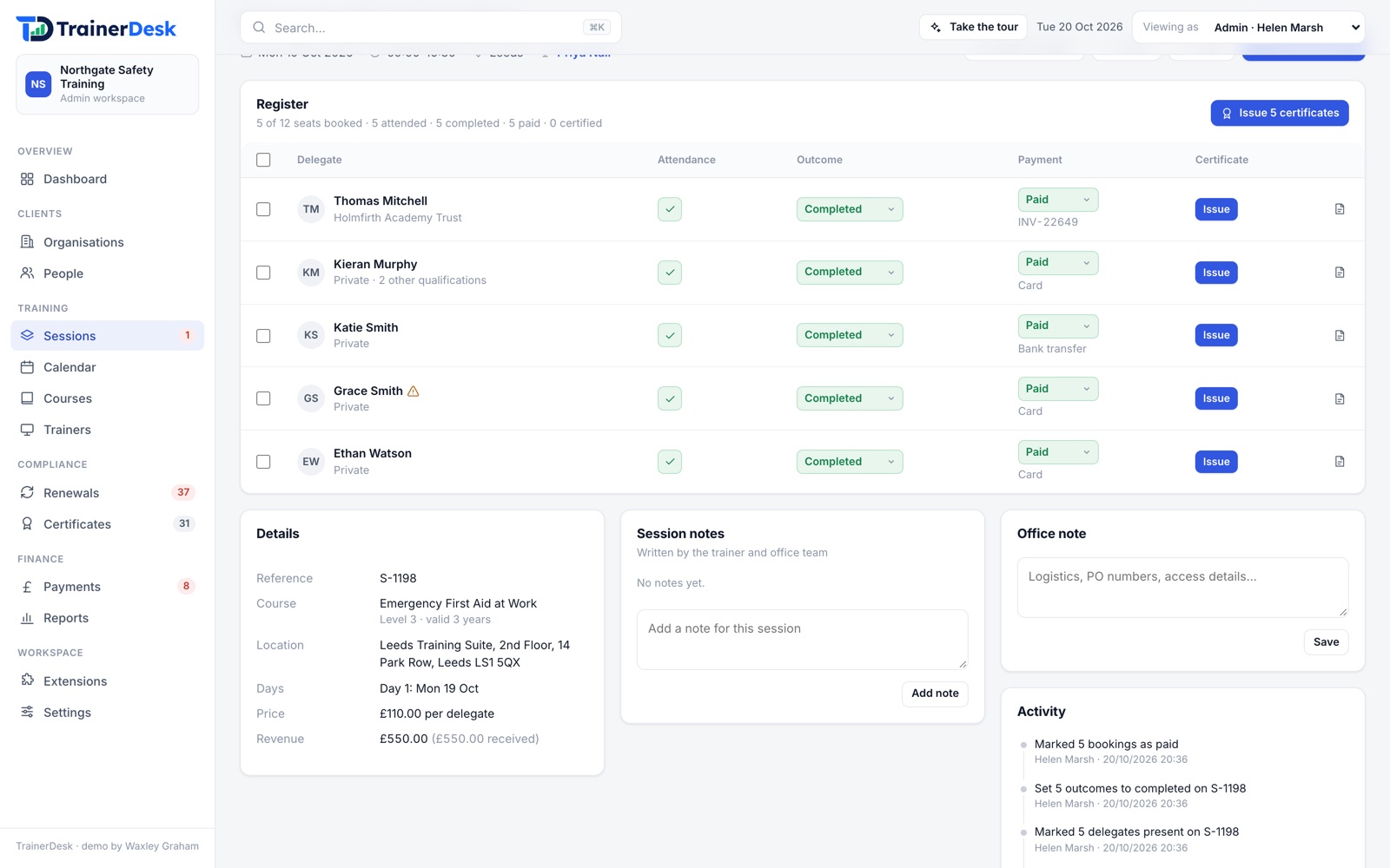 Sessions and registers in TrainerDesk