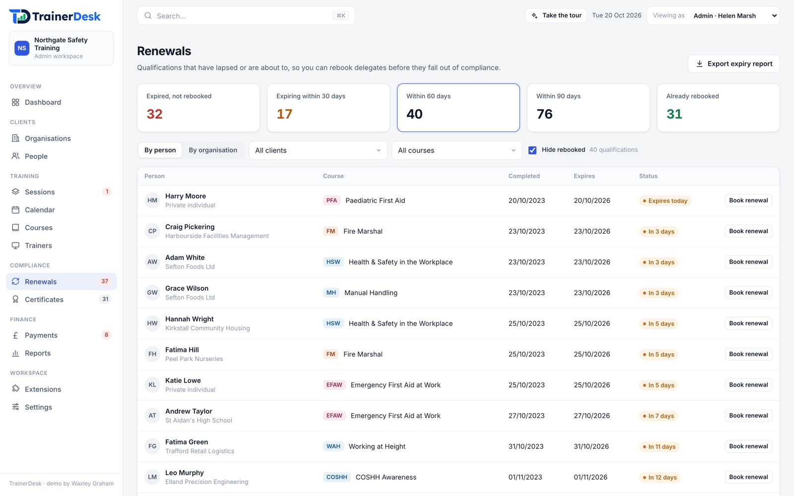 Renewals in TrainerDesk